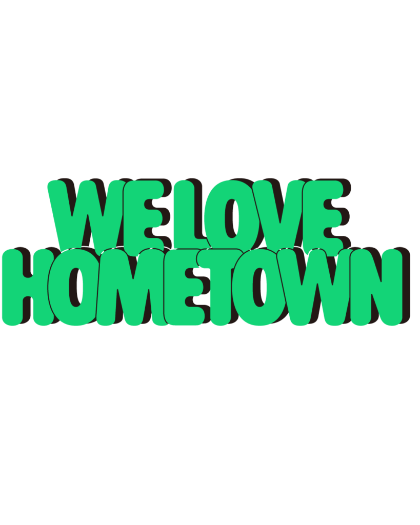 製造業インスタ向け「WE LOVE HOMETOWN」緑色ポップフォントのロゴ・文字素材
