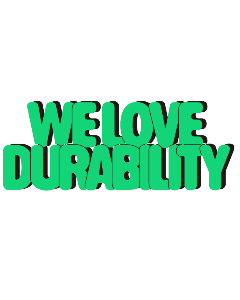 製造業インスタ向け「WE LOVE DURABILITY」緑色ポップフォントのロゴ・文字素材
