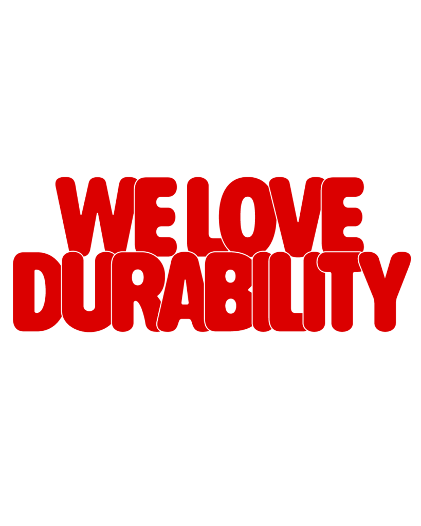 製造業インスタ向け「WE LOVE DURABILITY」赤色ポップフォントのロゴ・文字素材
