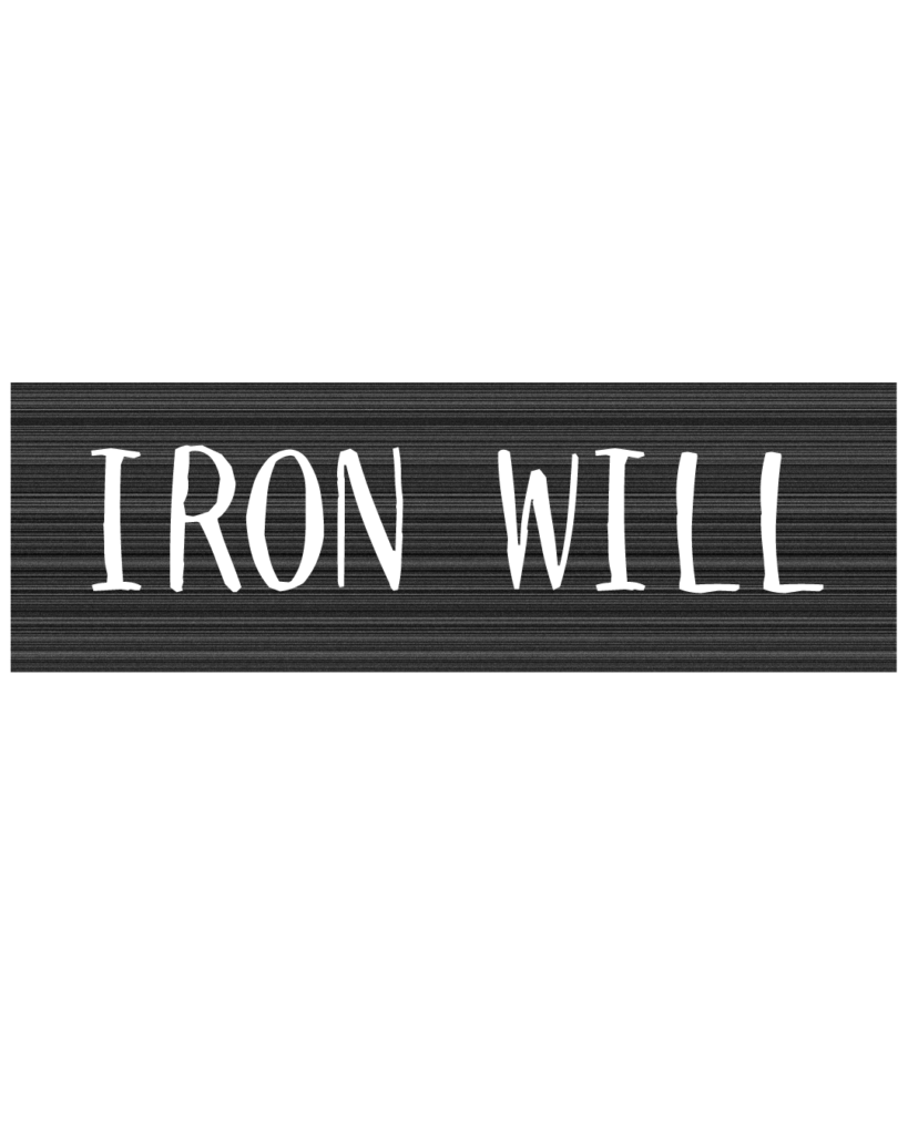 製造業・工場向けのリール動画用テロップ素材「IRON WILL」。黒地に白文字の無骨なデザイン。
