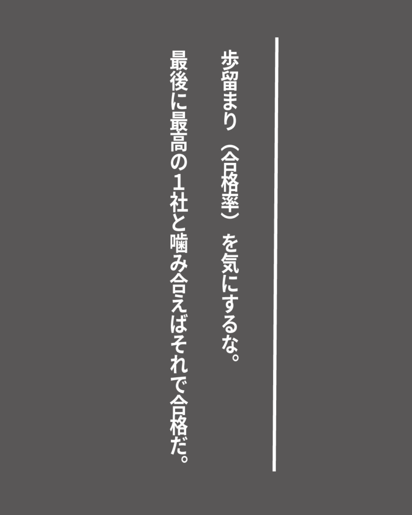 グレーの背景に白い縦書きの文字で「歩留まり（合格率）を気にするな。最後に最高の1社と噛み合えばそれで合格だ。」とデザインされた、就活生を応援する製造業視点のオリジナル造語名言の画像素材。
