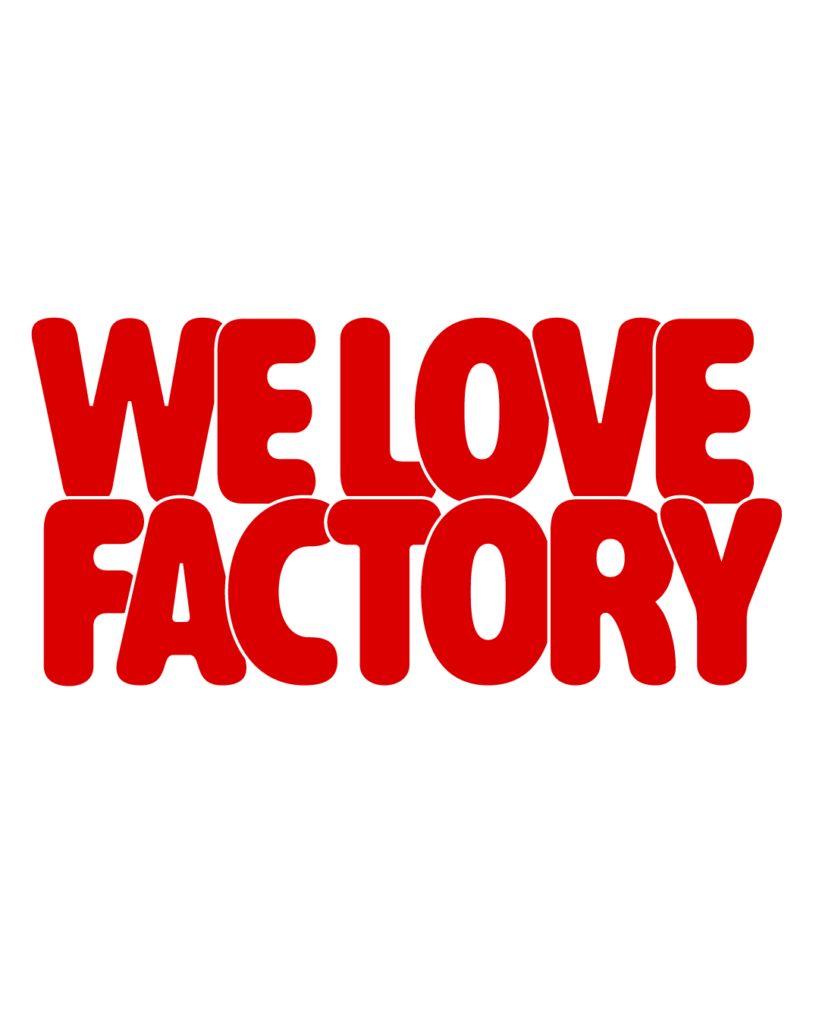 製造業インスタ向け「WE LOVE FACTORY」赤色ポップフォントのロゴ・文字素材
