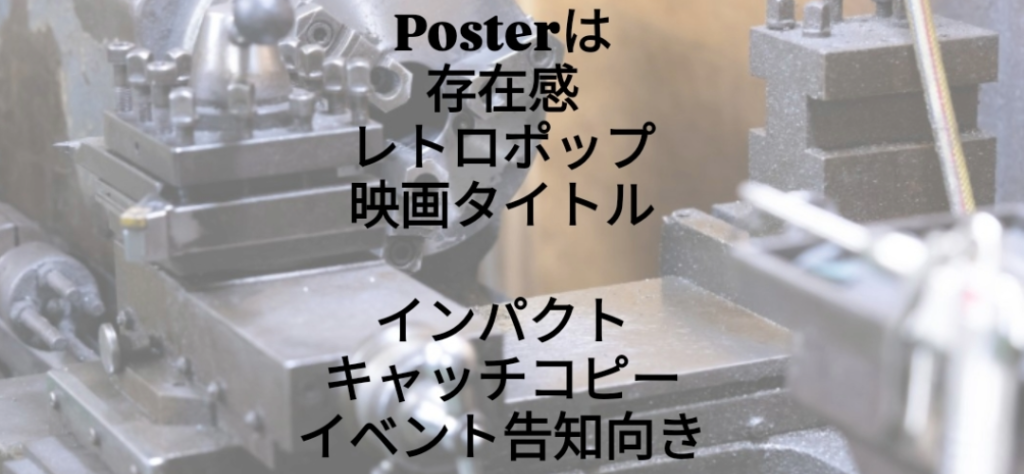 Instagramの文字入れ機能における英語専用フォント「Poster」の適用例。英単語「Poster」の部分だけがレトロで肉厚なセリフ（明朝体風）フォントに変換されており、その後に続く日本語の解説文「は 存在感 レトロポップ 映画タイトル インパクト キャッチコピー イベント告知向き」は変化せず標準的なゴシック体で表示されている様子を示す画像。
