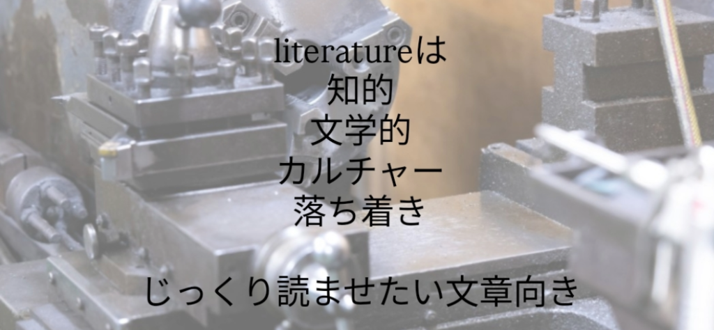 Instagramの文字入れ機能における英語専用フォント「literature」の適用例。英単語「literature」の部分だけが細身で洗練されたセリフ（明朝体風）フォントに変換されており、その後に続く日本語の解説文「は 知的 文学的 カルチャー 落ち着き じっくり読ませたい文章向き」は変化せず標準的なゴシック体で表示されている様子を示す画像。

