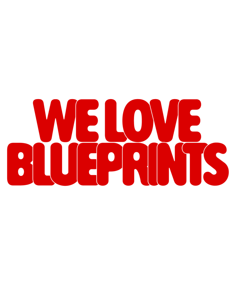 製造業インスタ向け「WE LOVE BLUEPRINTS」赤色ポップフォントのロゴ・文字素材
