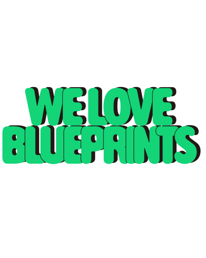 製造業インスタ向け「WE LOVE BLUEPRINTS」緑色ポップフォントのロゴ・文字素材
