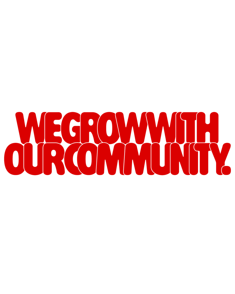 製造業インスタ向け「WE GROW WITH OUR COMMUNITY.」赤色ポップフォントのロゴ・文字素材
