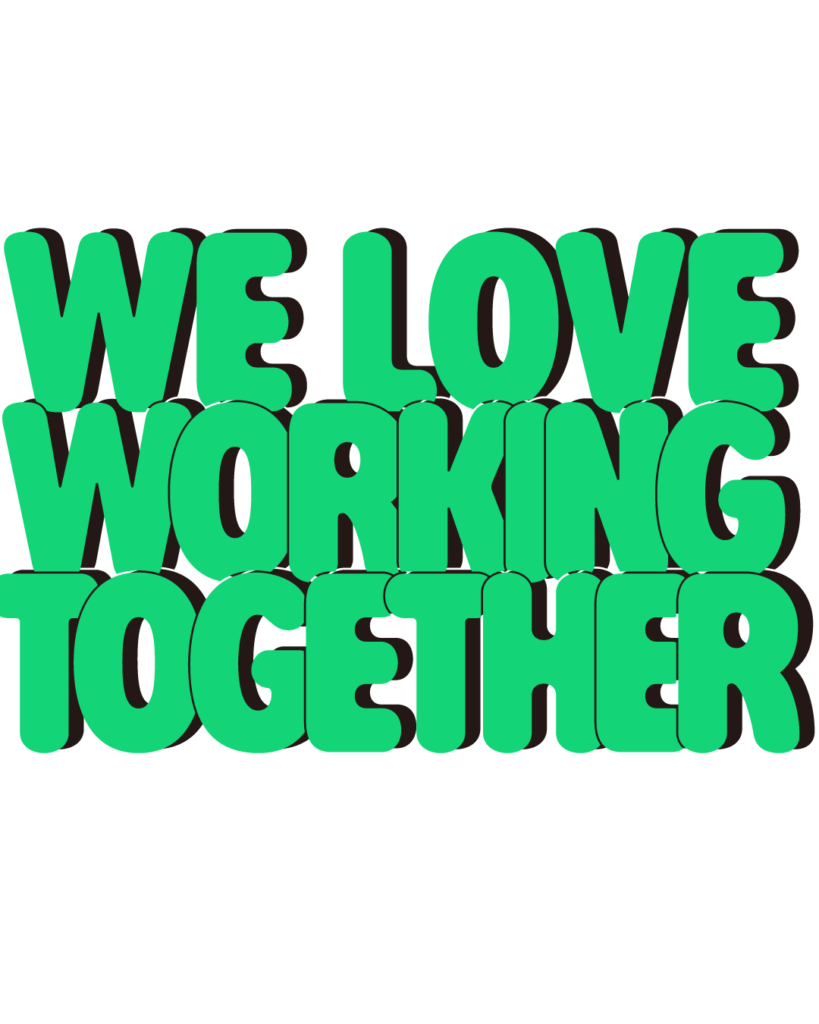 製造業インスタ向け「WE LOVE WORKING TOGETHER」緑色ポップフォントのロゴ・文字素材
