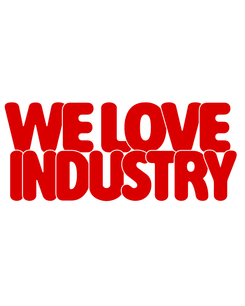 製造業インスタ向け「WE LOVE INDUSTRY」赤色ポップフォントのロゴ・文字素材
