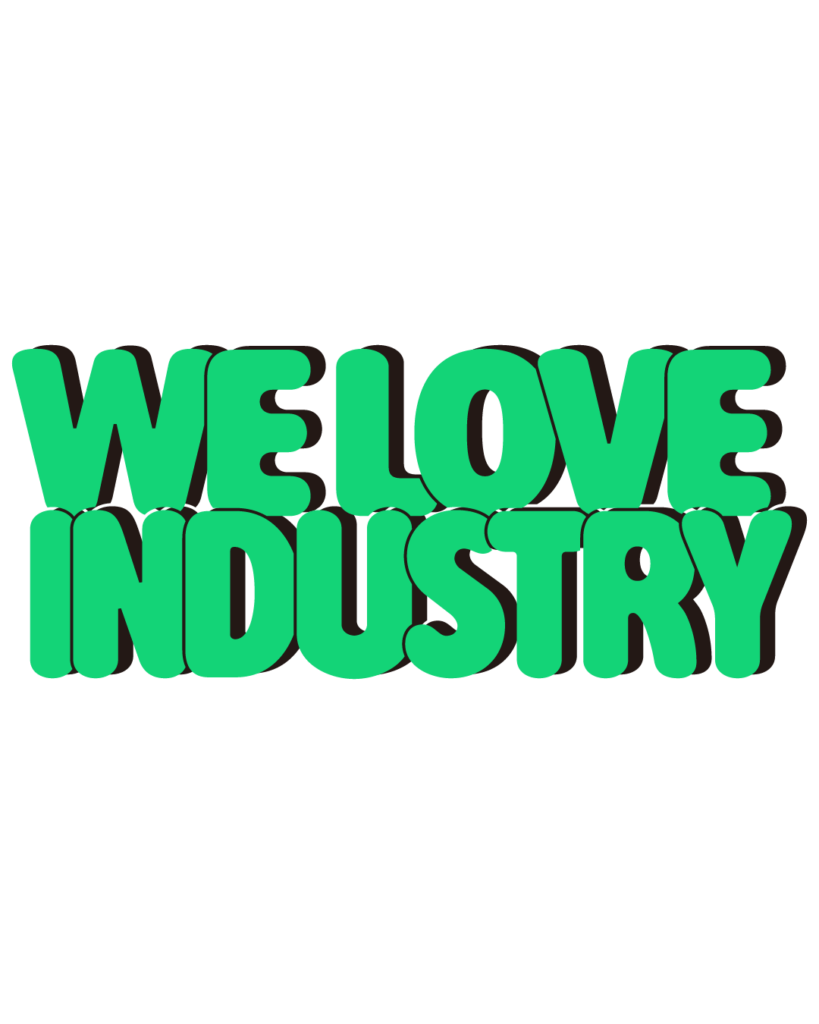 製造業インスタ向け「WE LOVE INDUSTRY」緑色ポップフォントのロゴ・文字素材
