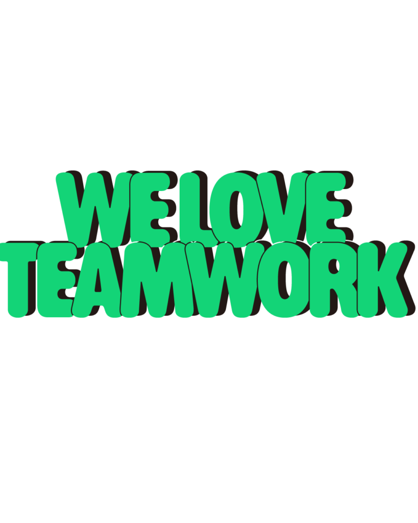 製造業インスタ向け「WE LOVE TEAMWORK」緑色ポップフォントのロゴ・文字素材
