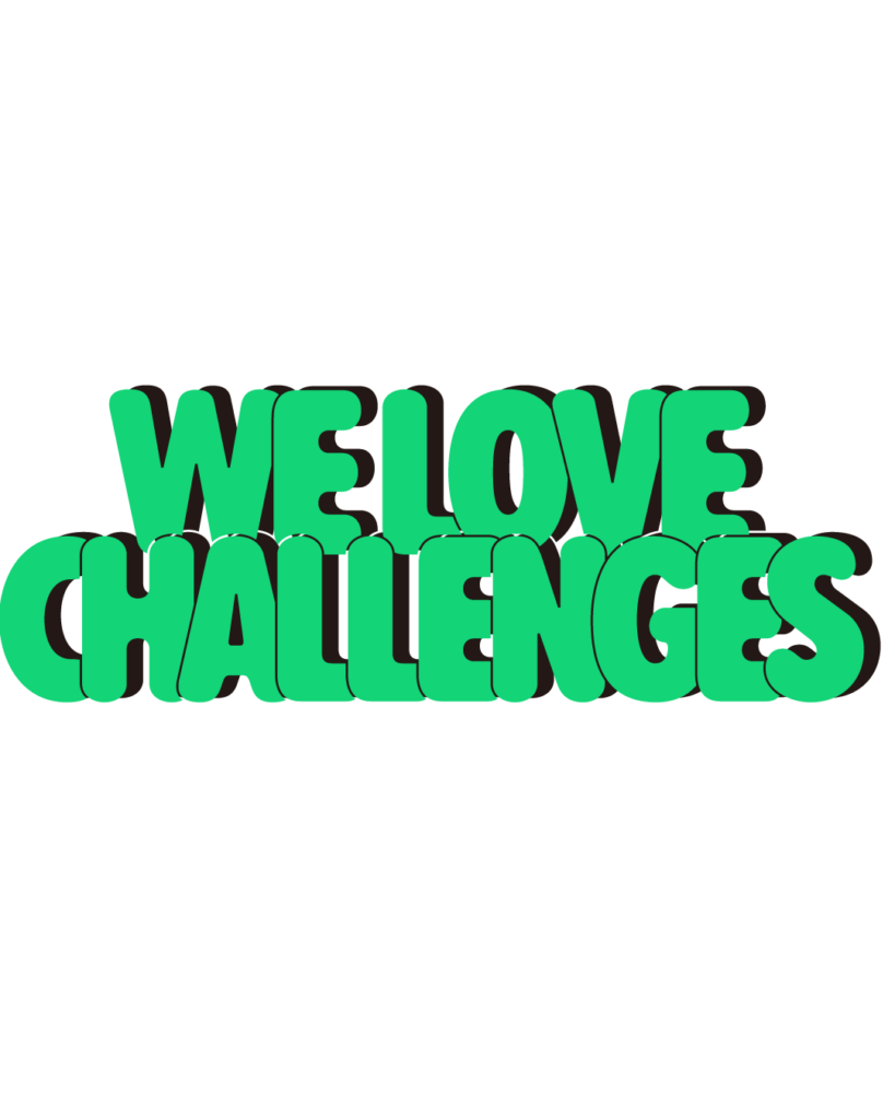 製造業インスタ向け「WE LOVE CHALLENGES」緑色ポップフォントのロゴ・文字素材
