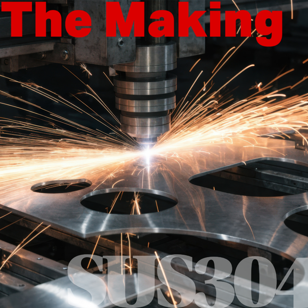 金属切削マシンが火花を散らして加工している写真。上部に赤字で「The Making」、下部に透かし文字で「SUS304」が重なっている。
