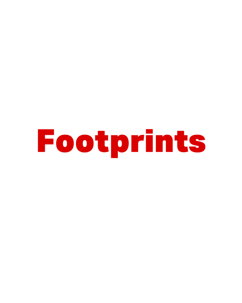 白背景に赤色で太字の「Footprints」という英単語が中央に配置されたタイポグラフィ画像
