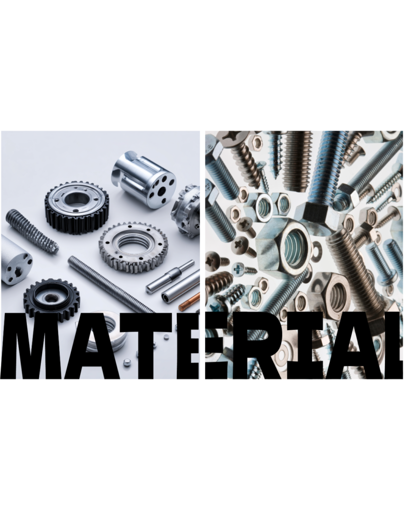 様々な形状の金属パーツやネジが並べられた、左右分割の白背景写真。下部に「MATERIAL」という太い黒文字が重なっている画像。

