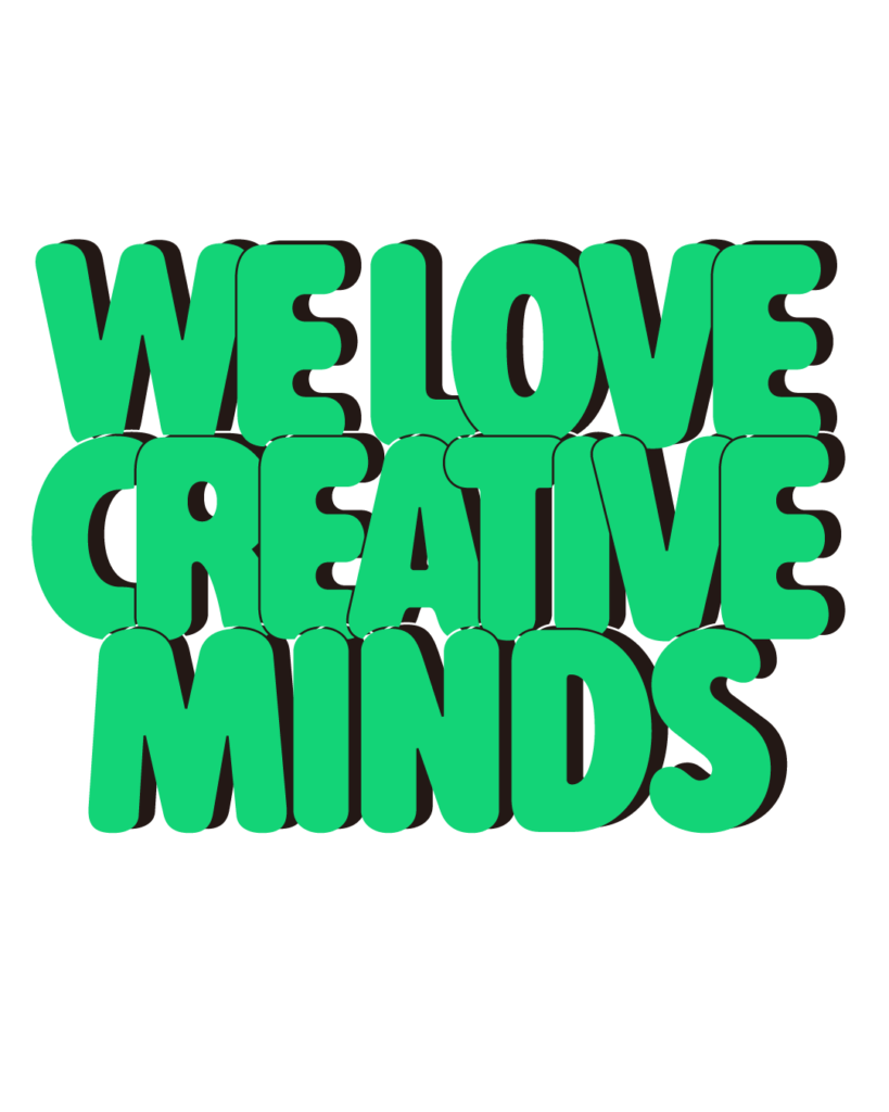 製造業インスタ向け「WE LOVE CREATIVE MINDS」緑色ポップフォントのロゴ・文字素材
