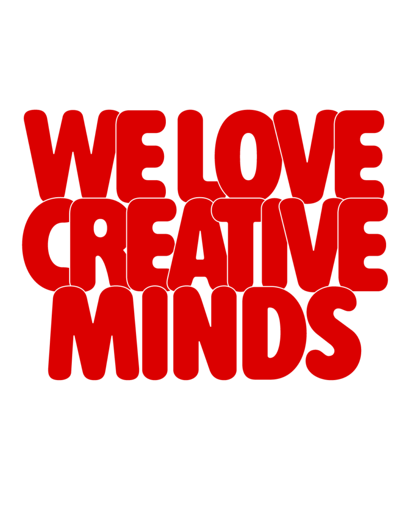 製造業インスタ向け「WE LOVE CREATIVE MINDS」赤色ポップフォントのロゴ・文字素材
