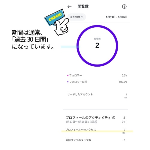 Instagramインサイトの閲覧数詳細画面。閲覧数の数値やフォロワー・フォロワー以外の割合、プロフィールへのアクセス数などの項目が並んでいる様子。