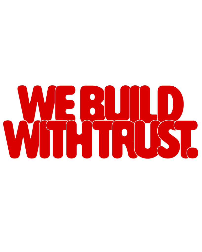 製造業インスタ向け「WE BUILD WITH TRUST.」赤色ポップフォントのロゴ・文字素材
