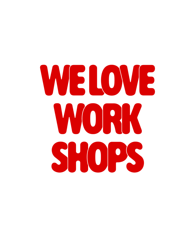 製造業インスタ向け「WE LOVE WORKSHOPS」赤色ポップフォントのロゴ・文字素材
