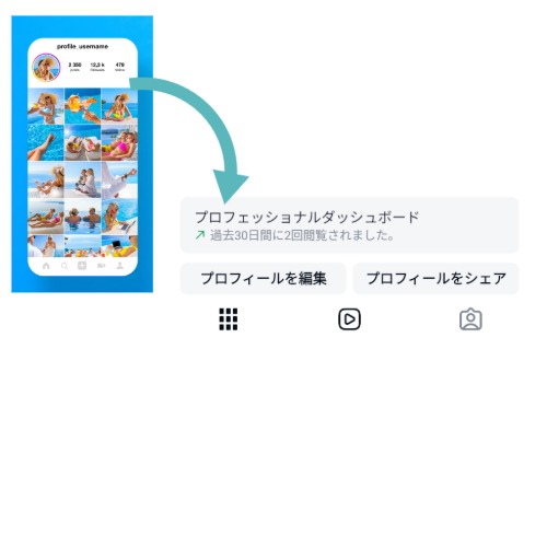 Instagramのプロフィール画面と、「プロフェッショナルダッシュボード」ボタンの位置を示す解説画像。