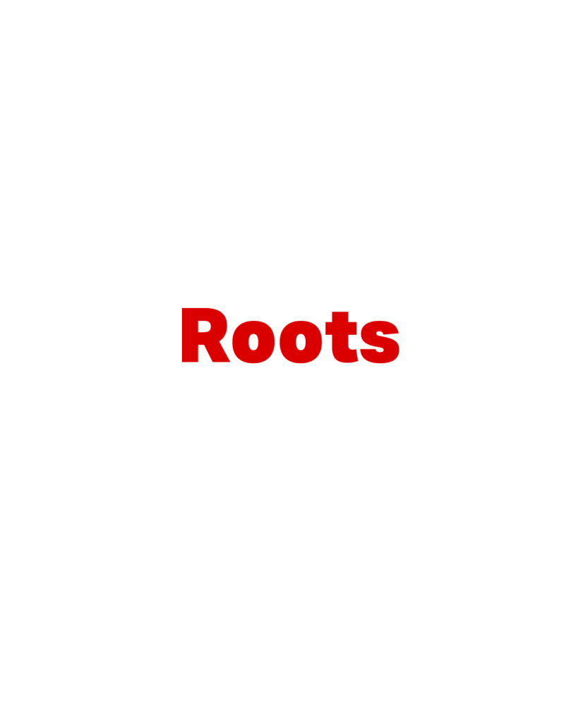 白背景に赤色で太字の「Roots」という英単語が中央に配置されたタイポグラフィ画像
