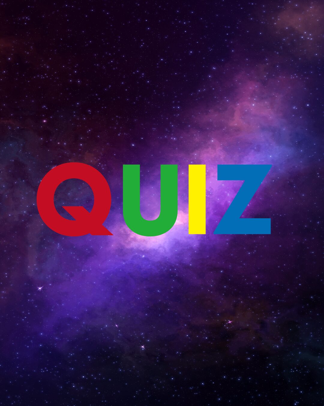 宇宙やネオン風のカラフルな背景に浮かぶ「QUIZ」のロゴ文字